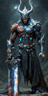 The primary subject of the image is a man wearing a metal armor, holding a sword. The setting is a dark background, which adds to the overall mood of the scene. The visual style is digital art, as the man appears to be a character in a video game or digital illustration. The colors are predominantly dark, with the man's armor and the sword being the main focus, creating a dramatic and intense atmosphere.